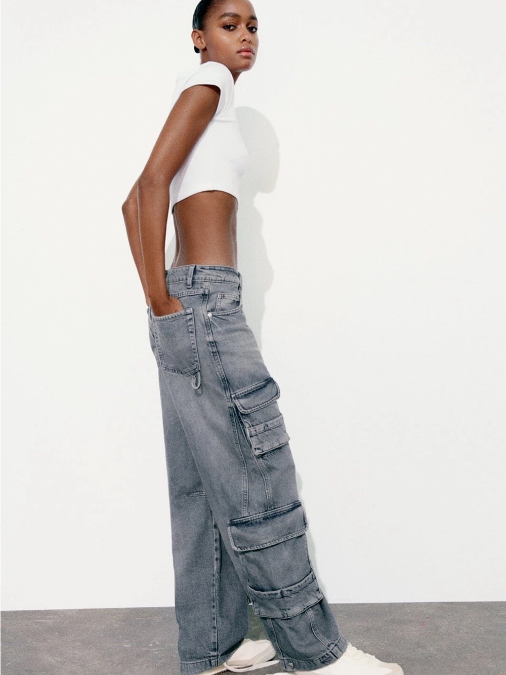 Zara Gray/blue Wide-Leg Cargo Jeans